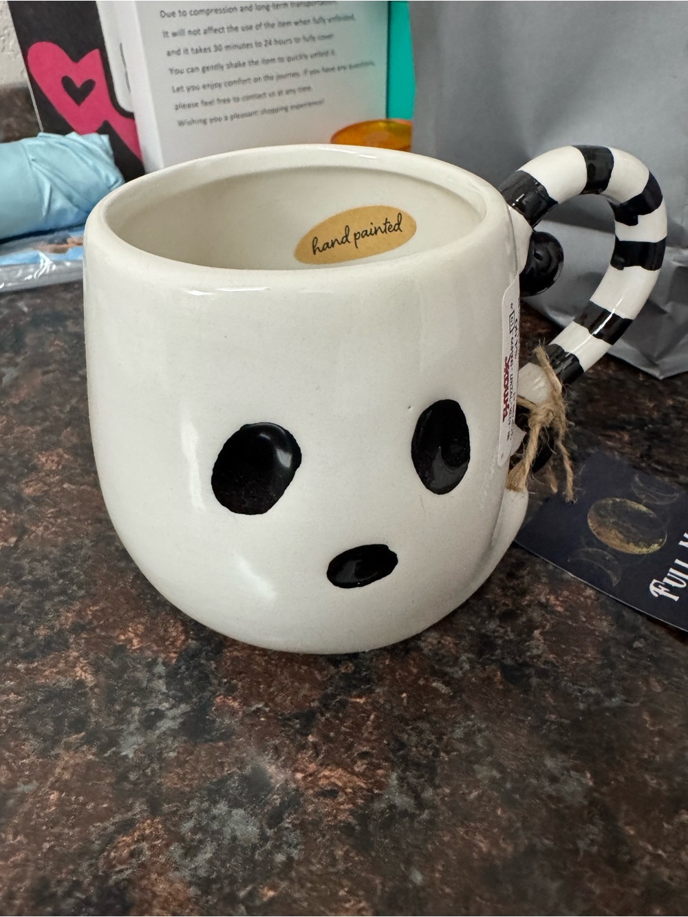 Hand-Painted White Ceramic ghost Face coffee Mug with Striped Handle